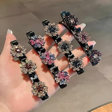 RedChimes Korean Style Sparkling Crystal Stone Braided Hair Clip With 3 Small Black Hair Clip For Girls Women Pack Of 20 Pcs - Image 2