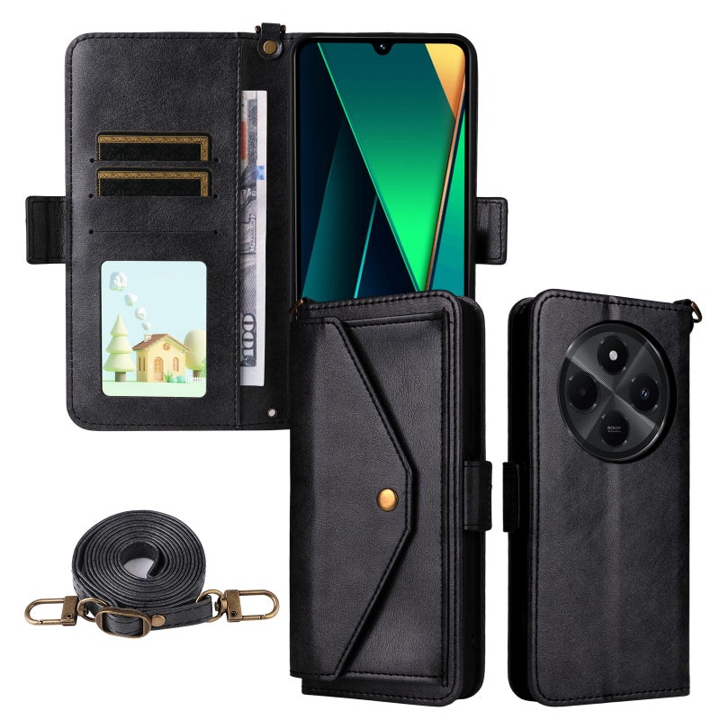 erorex For Redmi 14C 5G / 4G / A4 5G Multi-card Slots Crossbody Cowhide Leather Phone Case(Black) - Image 1