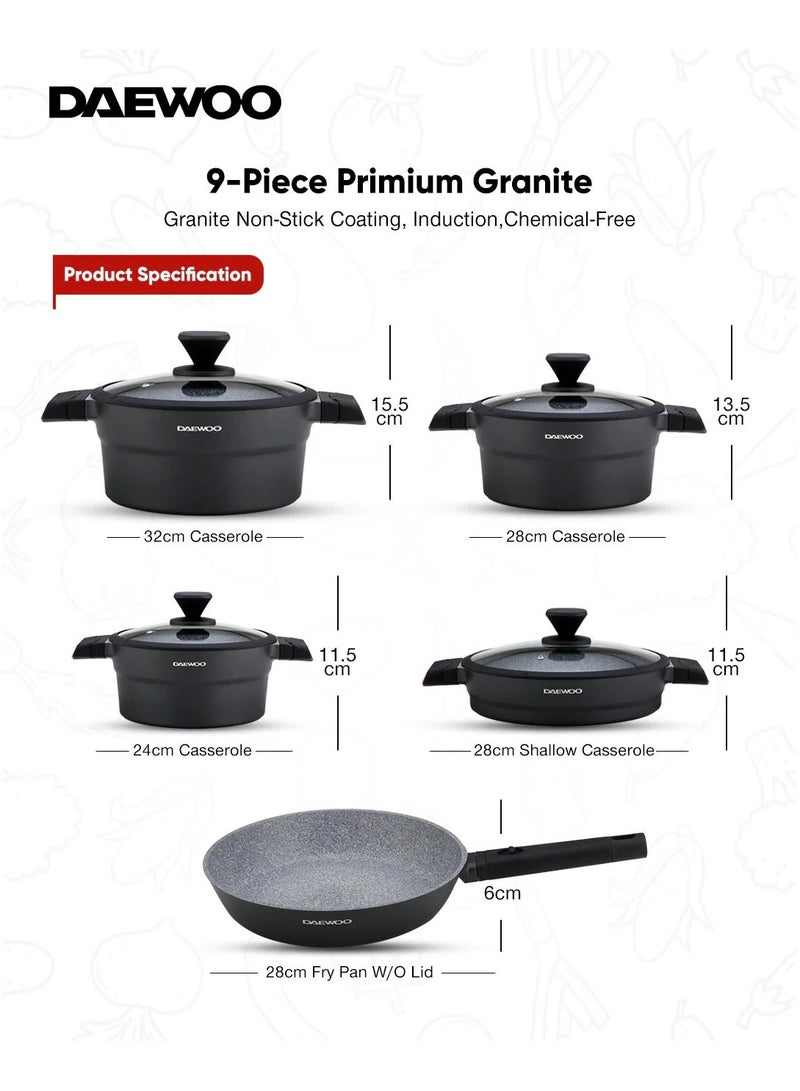 دايو طقم أواني طهي دايوو مكوّن من 9 قطع، مصنوع من الألمنيوم المصبوب، بطبقة جرانيت غير لاصقة، صالح للاستخدام على جميع أنواع المواقد والفرن، خالٍ من المواد الكيميائية، يشمل قدور 32 سم و28 سم و24 سم، مقلاة 28 سم بمقبض قابل للإزالة، طقم أواني طهي متين غير لاصق. - Image 4