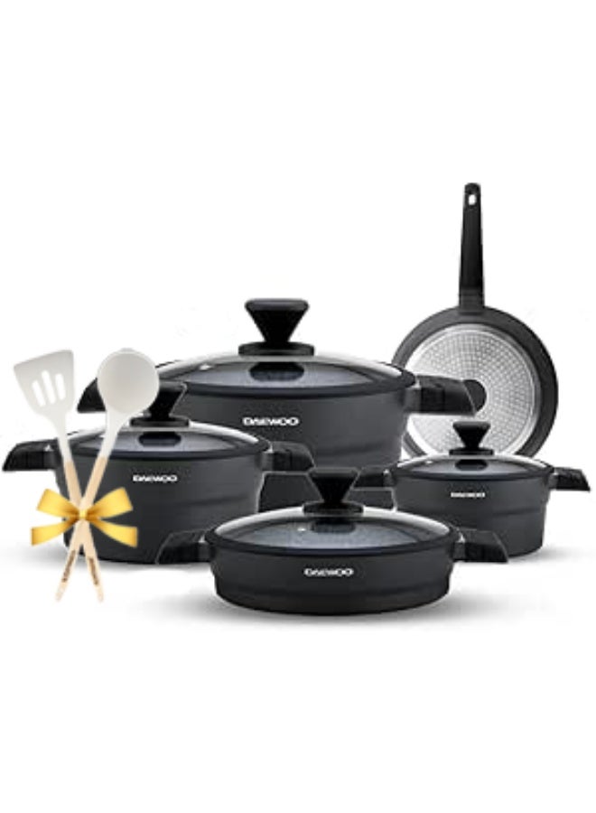 دايو طقم أواني طهي دايوو مكوّن من 9 قطع، مصنوع من الألمنيوم المصبوب، بطبقة جرانيت غير لاصقة، صالح للاستخدام على جميع أنواع المواقد والفرن، خالٍ من المواد الكيميائية، يشمل قدور 32 سم و28 سم و24 سم، مقلاة 28 سم بمقبض قابل للإزالة، طقم أواني طهي متين غير لاصق. - Image 1
