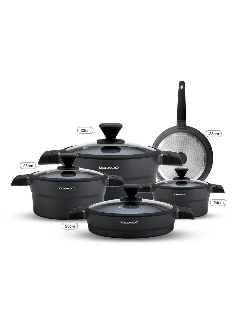 دايو طقم أواني طهي دايوو مكوّن من 9 قطع، مصنوع من الألمنيوم المصبوب، بطبقة جرانيت غير لاصقة، صالح للاستخدام على جميع أنواع المواقد والفرن، خالٍ من المواد الكيميائية، يشمل قدور 32 سم و28 سم و24 سم، مقلاة 28 سم بمقبض قابل للإزالة، طقم أواني طهي متين غير لاصق. - Image 2