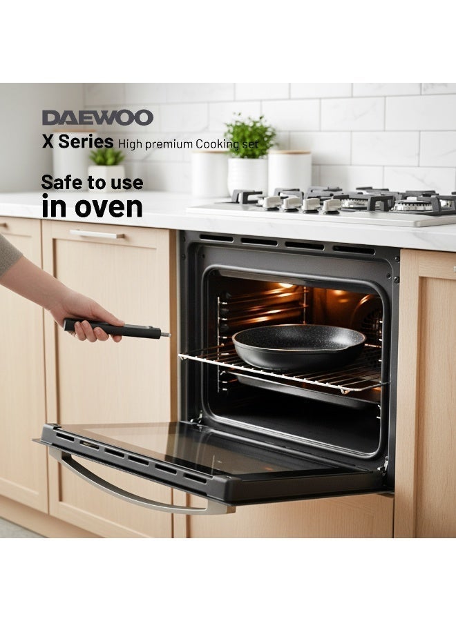 دايو طقم أواني طهي دايو 11 قطعة من الألومنيوم المصبوب، بطلاء جرانيت غير لاصق، مناسب لمواقد الحثّ والفرن، خالٍ من المواد الكيميائية، قدور 32 سم و28 سم و24 سم، ومقلاة 28 سم بمقبض قابل للإزالة، طقم أواني طهي متين. - Image 5