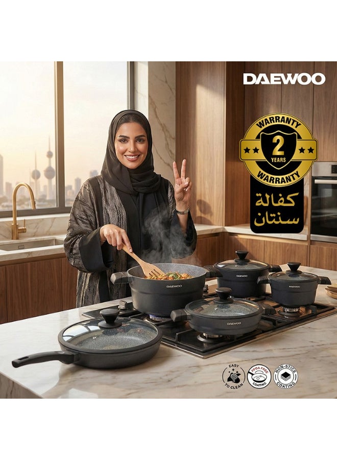 دايو طقم أواني طهي دايو 11 قطعة من الألومنيوم المصبوب، بطلاء جرانيت غير لاصق، مناسب لمواقد الحثّ والفرن، خالٍ من المواد الكيميائية، قدور 32 سم و28 سم و24 سم، ومقلاة 28 سم بمقبض قابل للإزالة، طقم أواني طهي متين. - Image 2