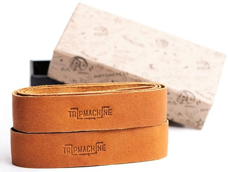 Trip Machine Company Motorcycle Handle bar Leather Grip Wraps - Universal Grips Accelerator Custom Cover wrap Set for Bike Handlebar (Vintage Tan) - Image 1