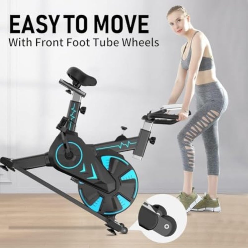 Indoor cycling bike for home gym use, steel frame in matte black, ultra-quiet belt drive with 40 lb steel flywheel, integrated phone holder, adjustable seat and handlebar, heart rate monitoring - Image 5