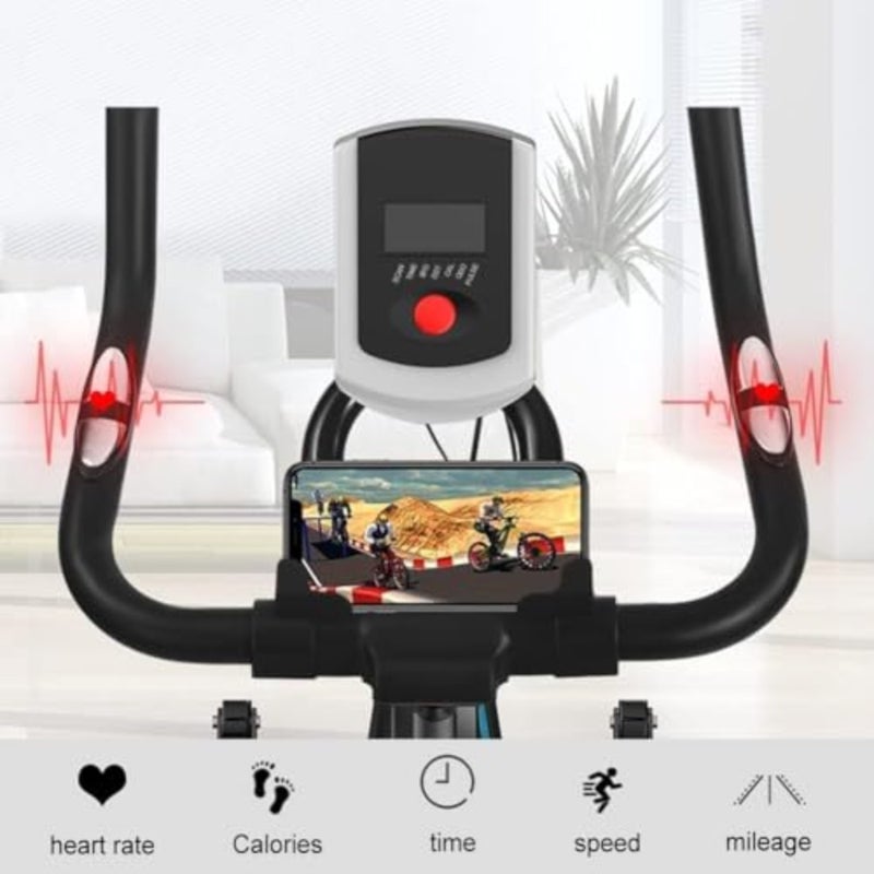 Indoor cycling bike for home gym use, steel frame in matte black, ultra-quiet belt drive with 40 lb steel flywheel, integrated phone holder, adjustable seat and handlebar, heart rate monitoring - Image 3