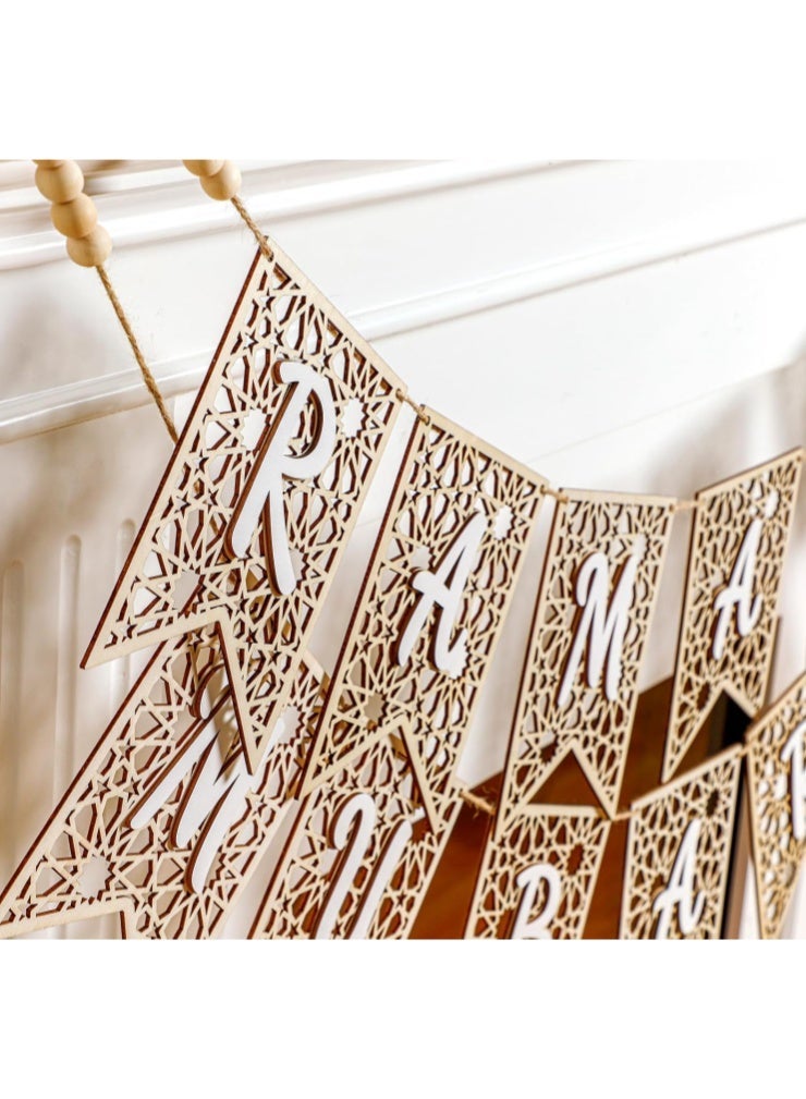 2 Pcs Eid Ramadan Mubarak Banner Wooden Decoration Bead Party Decor Supplies for for Home Happy Eid Al Adha Mubarak DIY Wall Decor Supplies Home Indoor Outdoor (Wooden) - Image 2