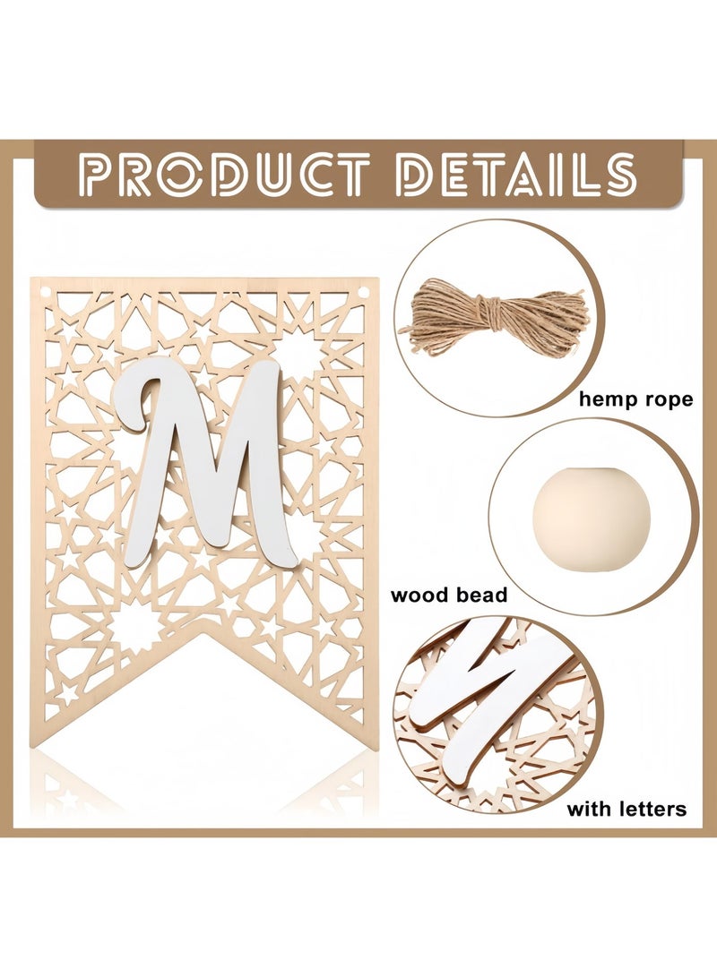 2 Pcs Eid Ramadan Mubarak Banner Wooden Decoration Bead Party Decor Supplies for for Home Happy Eid Al Adha Mubarak DIY Wall Decor Supplies Home Indoor Outdoor (Wooden) - Image 4
