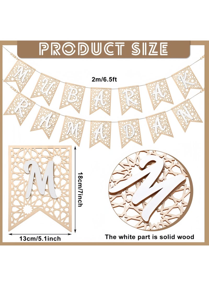 2 Pcs Eid Ramadan Mubarak Banner Wooden Decoration Bead Party Decor Supplies for for Home Happy Eid Al Adha Mubarak DIY Wall Decor Supplies Home Indoor Outdoor (Wooden) - Image 3