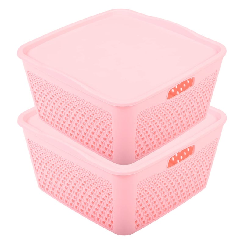Kuber Industries Kuber Industries Netted Design Unbreakable Multipurpose Square Shape Plastic Storage Baskets with lid Medium Pack of 2 (Pink)  - Image 1