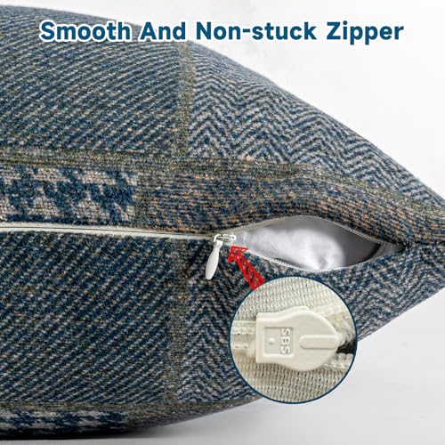 AmHoo Set of 2 Throw Pillow Covers Woolen Patchwork Checkered Farmhouse Decorative Square Pillows Cover Pillowcase for Sofa Couch Bed 18 x 18Inch Blue - Image 3