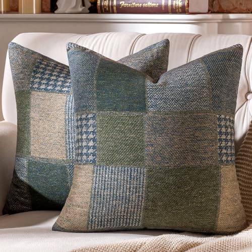 AmHoo Set of 2 Throw Pillow Covers Woolen Patchwork Checkered Farmhouse Decorative Square Pillows Cover Pillowcase for Sofa Couch Bed 18 x 18Inch Blue - Image 1