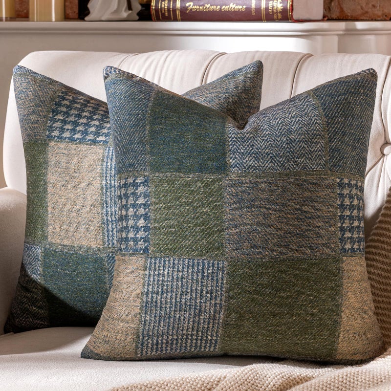 AmHoo Set of 2 Throw Pillow Covers Woolen Patchwork Checkered Farmhouse Decorative Square Pillows Cover Pillowcase for Sofa Couch Bed 18 x 18Inch Blue - Image 2