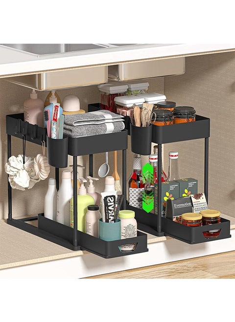 1-Pack Double-Layer Sliding Under-Cabinet Storage Basket, Double-Layer Under-Sink Storage Basket with 2 Hanging Cups, Multi-functional Storage Pull-Out Sliding Drawer, Under-Cabinet Storage Rack for Kitchen and Bathroom