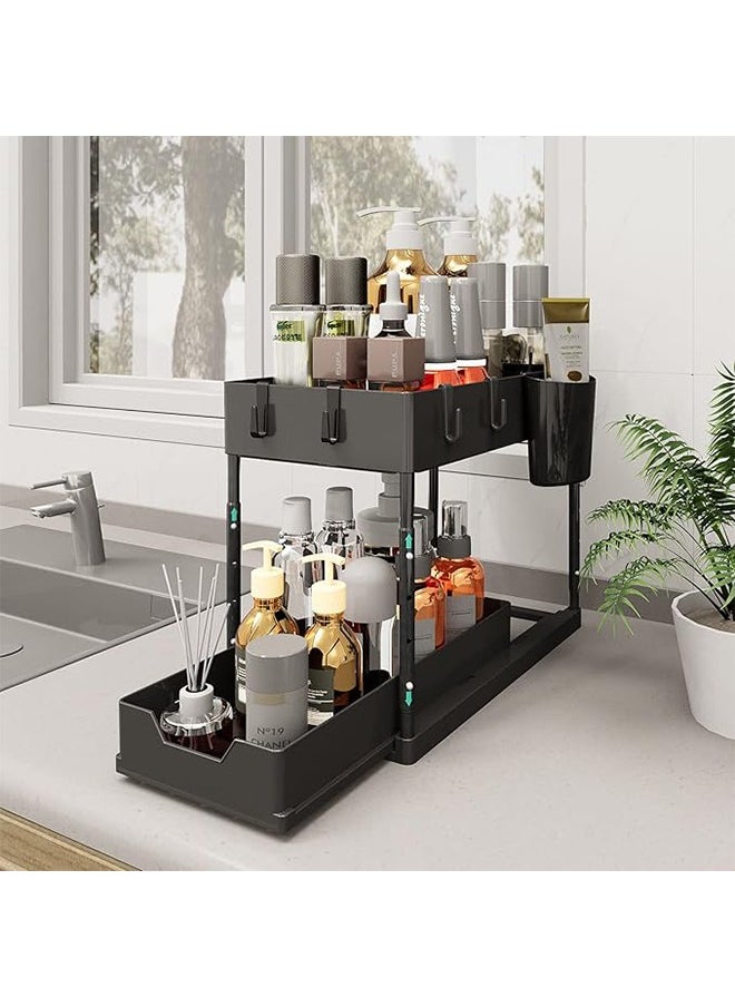 1-Pack Double-Layer Sliding Under-Cabinet Storage Basket, Double-Layer Under-Sink Storage Basket with 2 Hanging Cups, Multi-functional Storage Pull-Out Sliding Drawer, Under-Cabinet Storage Rack for Kitchen and Bathroom