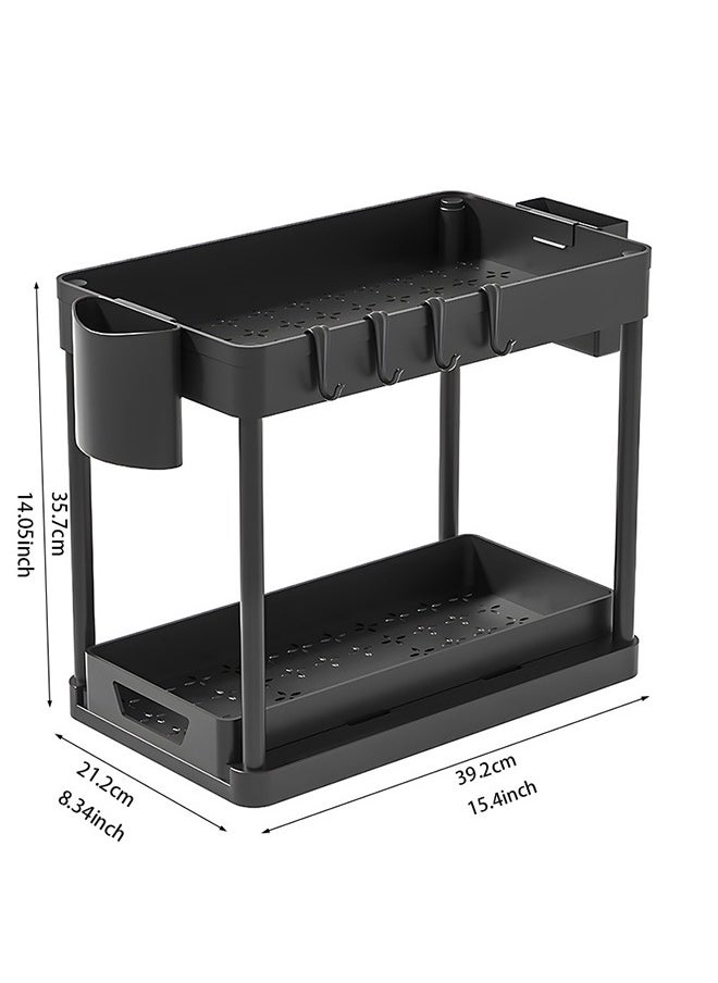 1-Pack Double-Layer Sliding Under-Cabinet Storage Basket, Double-Layer Under-Sink Storage Basket with 2 Hanging Cups, Multi-functional Storage Pull-Out Sliding Drawer, Under-Cabinet Storage Rack for Kitchen and Bathroom