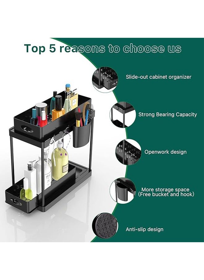 1-Pack Double-Layer Sliding Under-Cabinet Storage Basket, Double-Layer Under-Sink Storage Basket with 2 Hanging Cups, Multi-functional Storage Pull-Out Sliding Drawer, Under-Cabinet Storage Rack for Kitchen and Bathroom