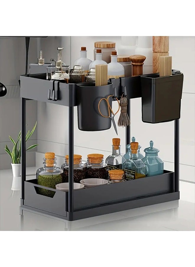 1-Pack Double-Layer Sliding Under-Cabinet Storage Basket, Double-Layer Under-Sink Storage Basket with 2 Hanging Cups, Multi-functional Storage Pull-Out Sliding Drawer, Under-Cabinet Storage Rack for Kitchen and Bathroom