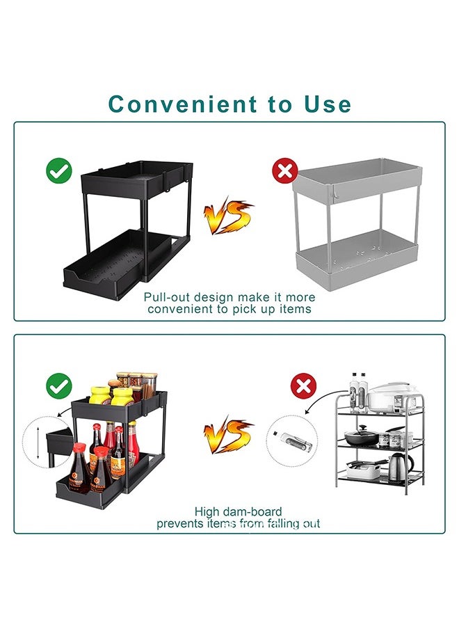 1-Pack Double-Layer Sliding Under-Cabinet Storage Basket, Double-Layer Under-Sink Storage Basket with 2 Hanging Cups, Multi-functional Storage Pull-Out Sliding Drawer, Under-Cabinet Storage Rack for Kitchen and Bathroom
