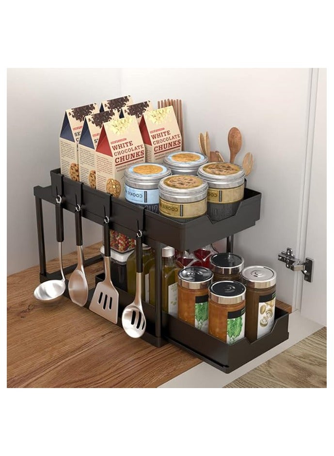 Beauenty 1-Pack Double-Layer Sliding Under-Cabinet Storage Basket, Double-Layer Under-Sink Storage Basket with 2 Hanging Cups, Multi-functional Storage Pull-Out Sliding Drawer, Under-Cabinet Storage Rack for Kitchen and Bathroom - Image 2