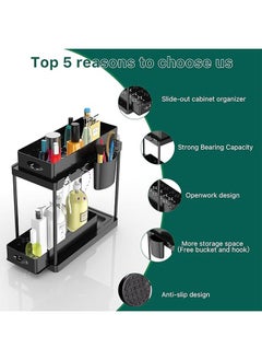Beauenty 1 Pack 2 Tier Under Sink Storage Rack Sliding Cabinet Under Basket Organizer with 1 Hanging Cup and 4 Hooks Multifunctional Storage Pull Out Sliding Drawer Under Cabinet Storage Rack for Kitchen Bathroom  - Image 2