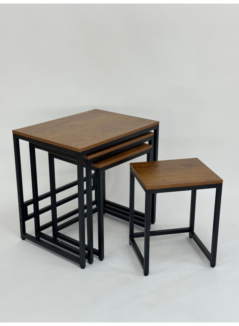 Living Set of  4 Tables with Wooden Surface and Black Metal Stand - Image 4