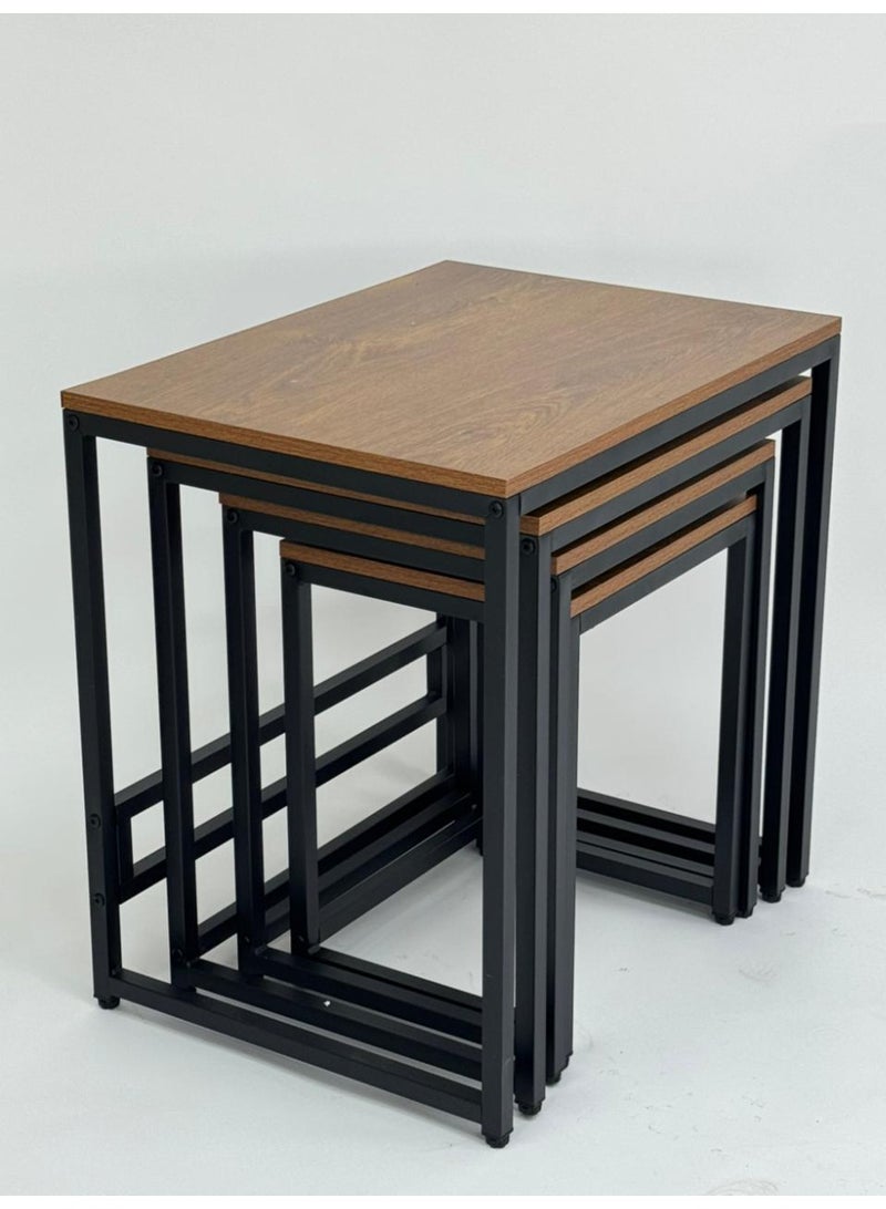Living Set of  4 Tables with Wooden Surface and Black Metal Stand - Image 3