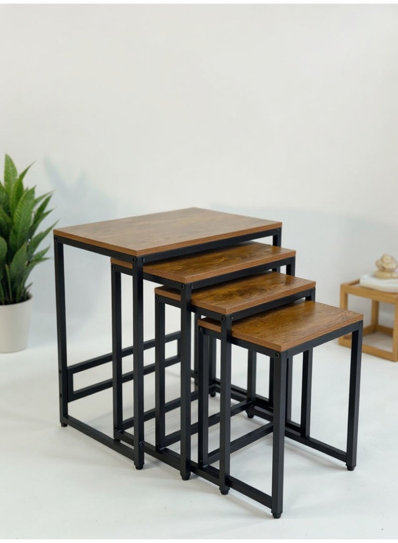 Living Set of  4 Tables with Wooden Surface and Black Metal Stand - Image 2