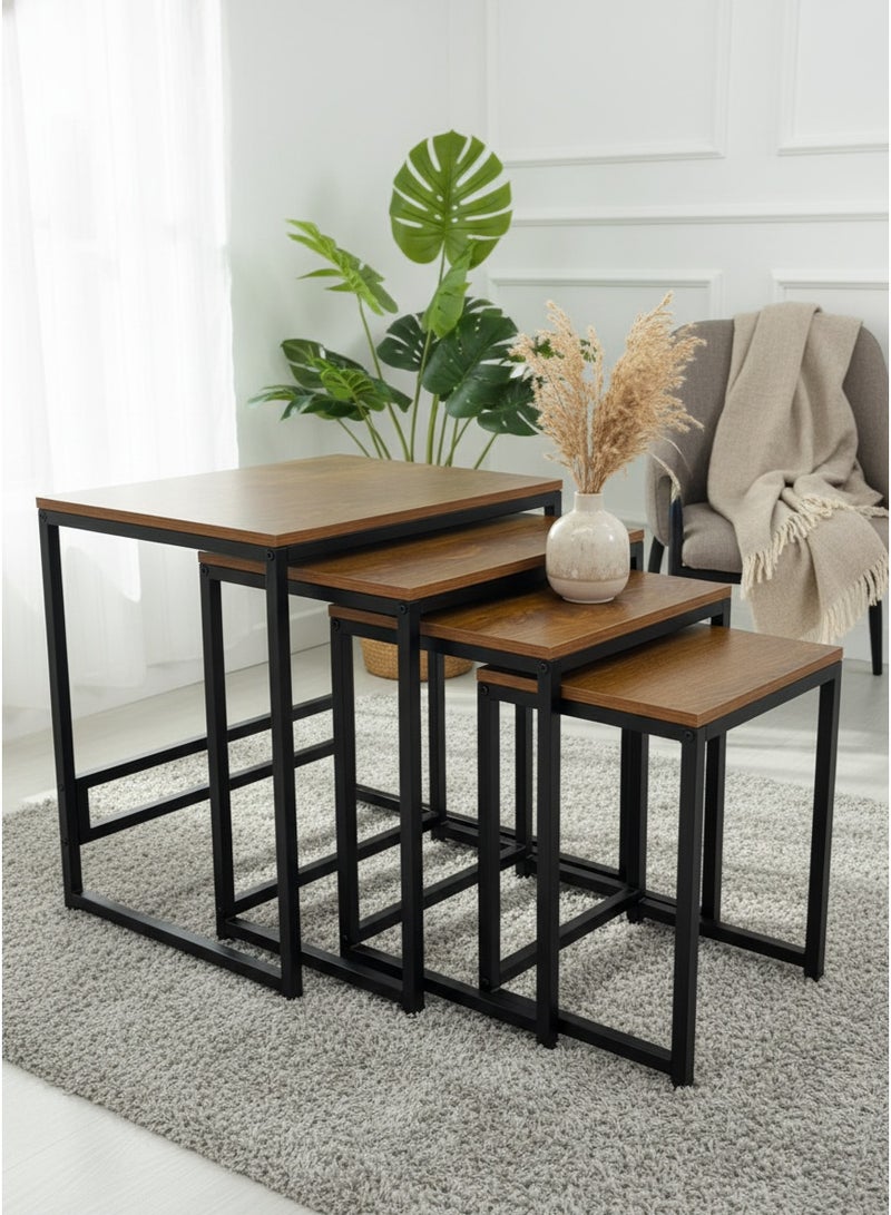 Living Set of  4 Tables with Wooden Surface and Black Metal Stand - Image 1