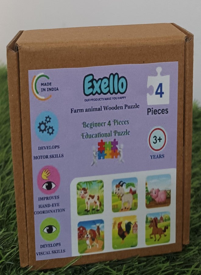 Exello 4 Piece Wooden Puzzle for Kids - Set of 6 Farm Animals Jigsaw Puzzle, 4x4 Inches Size, Animals Wooden Jigsaw Puzzle Games for Children & Kids, Jigsaw Puzzles for Kids. - Image 2