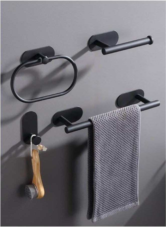 مجموعة أدوات الحمام المكونة من 4 قطع باللون الأسود غير اللامع، تتضمن حامل ورق التواليت اللاصق، وقضيب منشفة اليد اللاصق، وخطاف المناشف اللاصق، ومجموعة ملحقات الحمام - Image 1