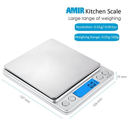 AMIR (Upgraded) AMIR Digital Kitchen Scale, 500g Mini Pocket Jewelry Scale, Food Scale, Coffee Scale, Back-Lit LCD Display, 2 Trays, 6 Units, Auto Off, Tare, PCS, Stainless Steel (Batteries Included) - Image 5