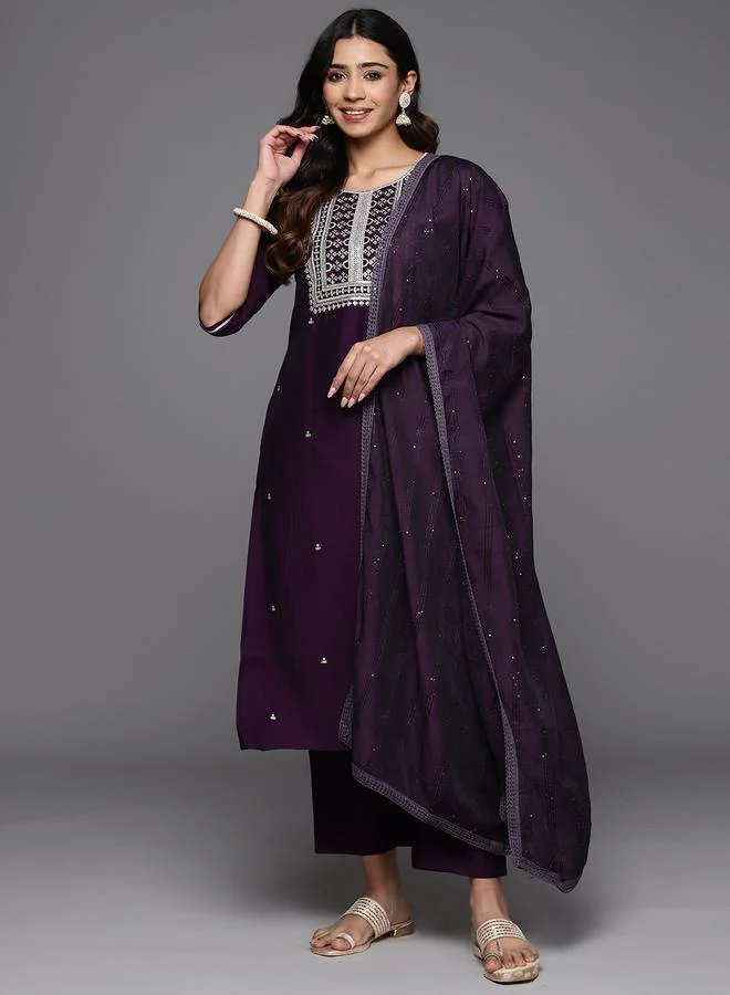 Libas Purple Embroidered Silk Blend Straight Kurta, Trousers and Dupatta Set
