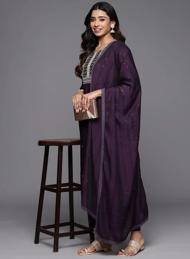 Libas Purple Embroidered Silk Blend Straight Kurta, Trousers and Dupatta Set