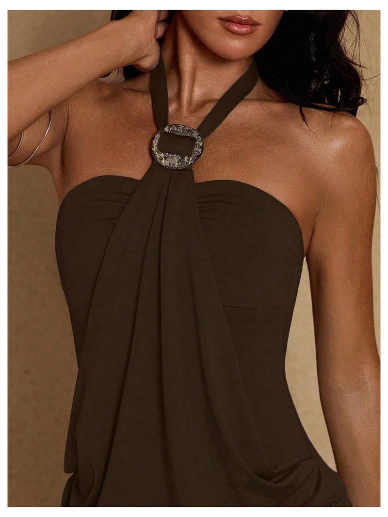MakeMeChic Women's Ruffle Mini Dress Y2k Backless Sleeveless Western Going Out Halter Dresses Brown Medium - Image 4