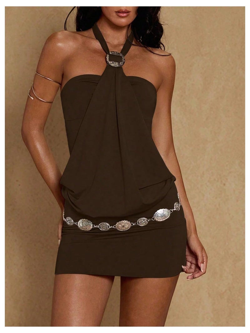 MakeMeChic Women's Ruffle Mini Dress Y2k Backless Sleeveless Western Going Out Halter Dresses Brown Medium - Image 2