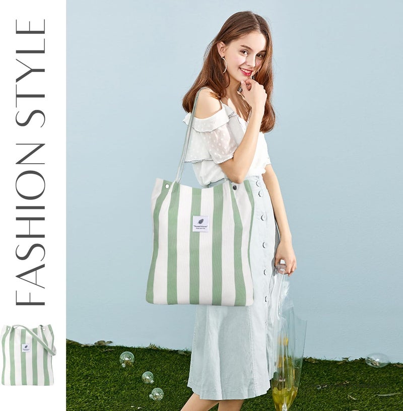 Kawn® Corduroy Tote Bag Aesthetic Cute Canvas Tote Bags for Women Washable Shoulder Bag with Inner Pocket for Go-to Everyday Bag for Work Beach Travel and Shopping Grocery (Green Stripes) - Image 2