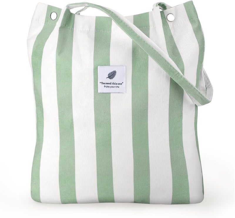 Kawn® Corduroy Tote Bag Aesthetic Cute Canvas Tote Bags for Women Washable Shoulder Bag with Inner Pocket for Go-to Everyday Bag for Work Beach Travel and Shopping Grocery (Green Stripes) - Image 1