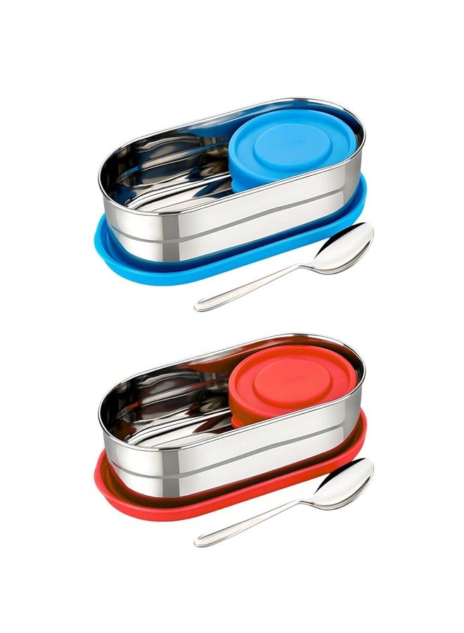 Teneza Stainless Steel Compact Small Lunch Box | Airtight Tiffin Box | Office, School & Travel Tiffin Carrier | for Kids Girls, Boys, Women | 500 ML | Blue + Red - Image 1