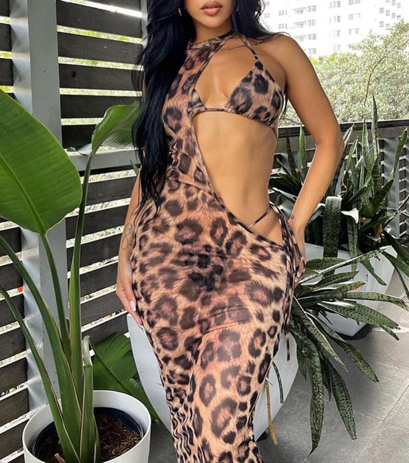 Ryehack Sexy 3 Piece Swimsuits for Women Bikini Sets with Cover up Cutout Sleeveless Halter Sheer Mesh Maxi Dresses Leopard - Image 5