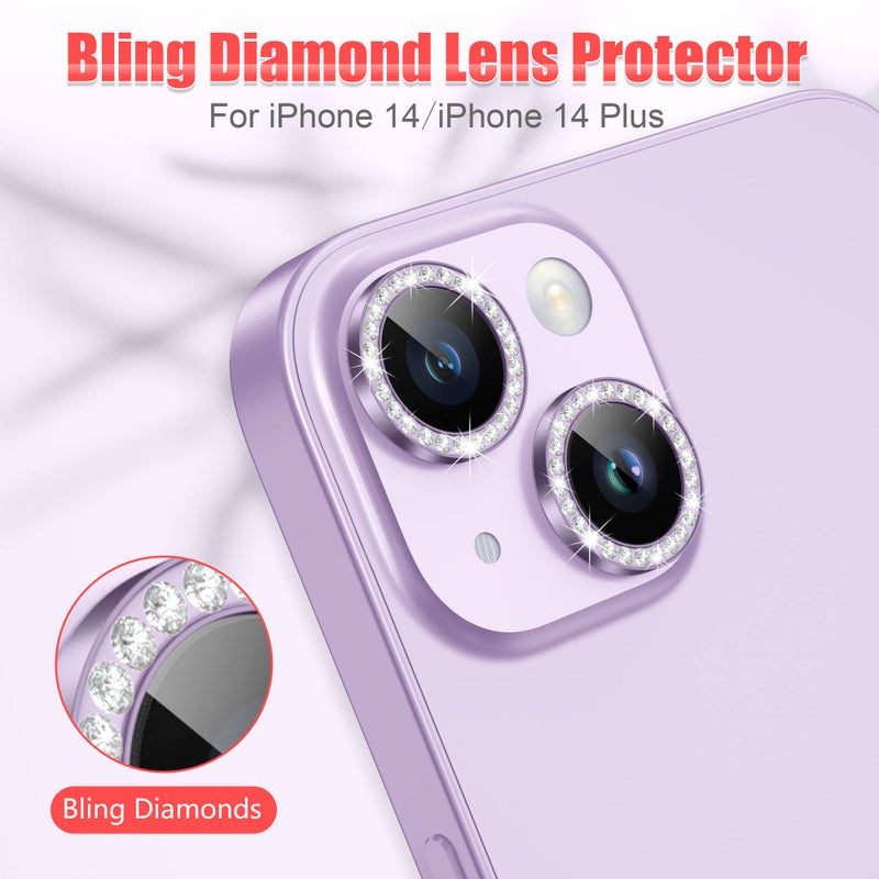 AGVEE 3+3 6 Pack for iPhone 14 6.1" / 14 Plus 6.7" Camera Lens Protector, Bling Diamond & Bling Glitter Metal Ring 9H Tempered HD Glass Camera Cover Film, Bling-Purple - Image 4