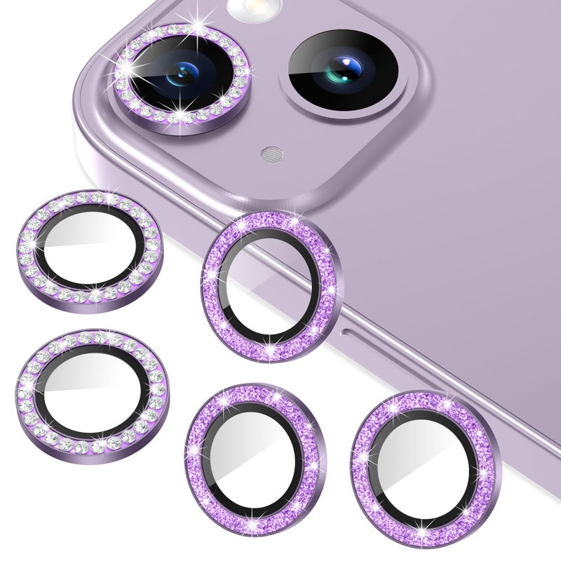 AGVEE 3+3 6 Pack for iPhone 14 6.1" / 14 Plus 6.7" Camera Lens Protector, Bling Diamond & Bling Glitter Metal Ring 9H Tempered HD Glass Camera Cover Film, Bling-Purple - Image 1