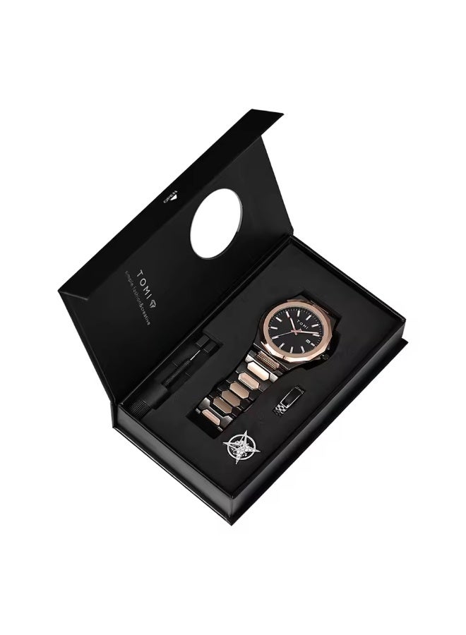 TOMI Luxury Business Men's Watch Gift Box Set High Quality Rose Gold Case Simple and Versatile Quartz Watch Relogio Masculino