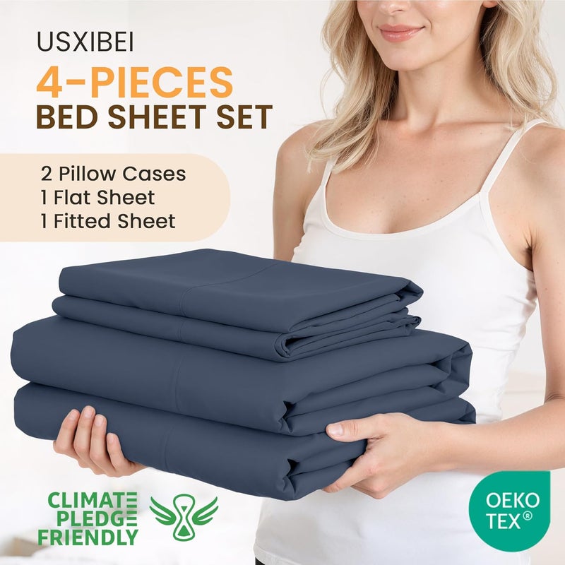 USXIBEI Queen Size 4 Piece Bed Sheet Set - Ultra Imitation Cotton-Premium Breathable & Cooling Sheets - Hotel Luxury Bed Sheets Deep Pocket up to 15"- Wrinkle, Fade, Stain Resistant (Navy Blue, Queen) - Image 2