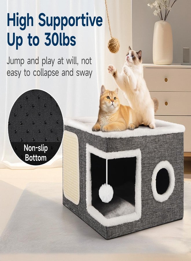Shikha Cat Beds for Indoor Cats, Large Cat Cave with Cozy Condo, Fluffy Ball, Round Window, Foldable Indoor Cat House Hold Up to 30LBS, Cat Hideaway with Reversible Cushions for All Seasons, Grey - Image 4