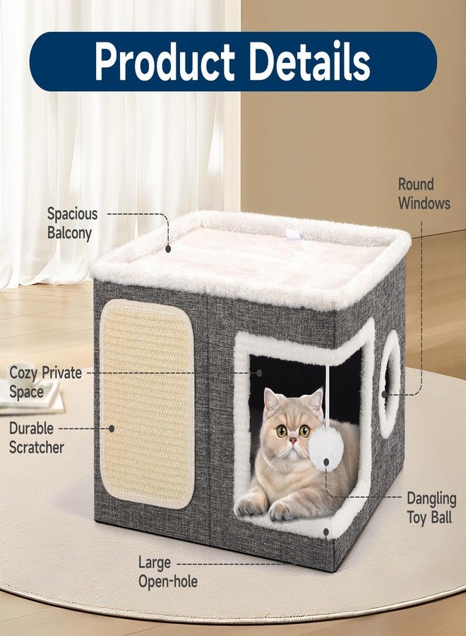 Shikha Cat Beds for Indoor Cats, Large Cat Cave with Cozy Condo, Fluffy Ball, Round Window, Foldable Indoor Cat House Hold Up to 30LBS, Cat Hideaway with Reversible Cushions for All Seasons, Grey - Image 3