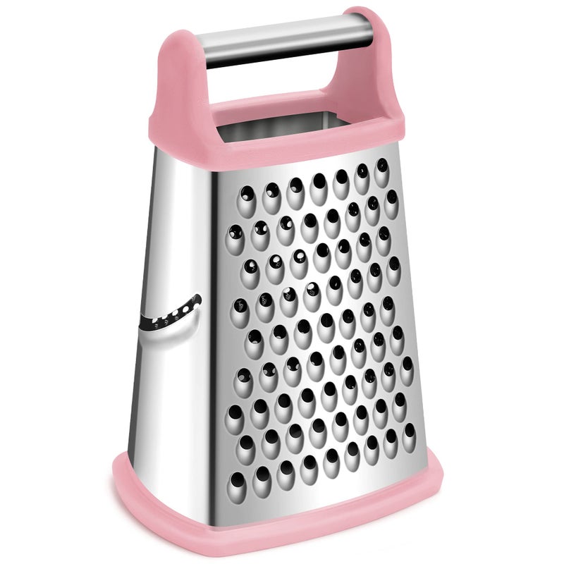 Rainspire Professional Box Grater Cheese Grater Box for Kitchen Stainless Steel with 4 Sides Cheese and Spice Graters with Handle for Vegetables Ginger Potatoes Pink