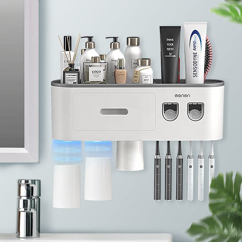 BHeadCat Toothbrush Holders Wall Mounted Toothbrush Holder with Automatic Toothpaste Dispensers 6 Brush Slots 3 Magnetic Cups1 Cosmetic Drawer Organizer and 1 Large Storage Tray