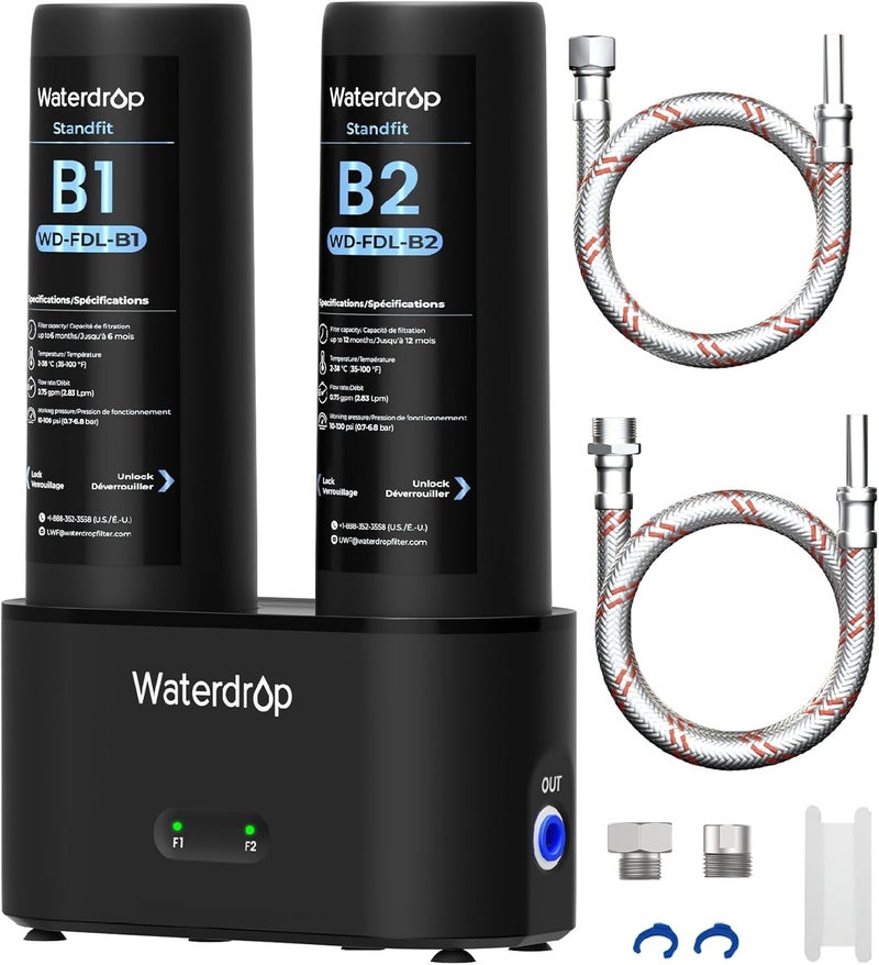 Waterdrop فلتر مياه تحت الحوض DLA، لا حاجة للحفر، يقلل من الكلور، PFOA/PFOS، الطعم/الرائحة السيئة، نظام ترشيح مياه تحت الحوض، 11000 جالون، مؤشر العمر، 2 مرحلة، تغيير سريع - Image 1