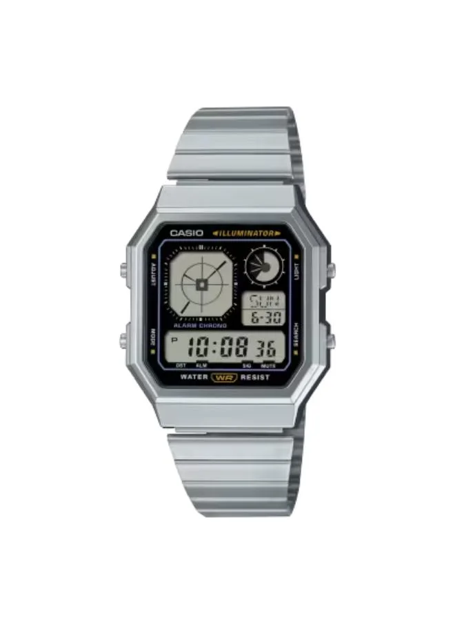 CASIO Unisex Digital Display Watch With Silver Stainless Steel Strap - A130WE-1ADF